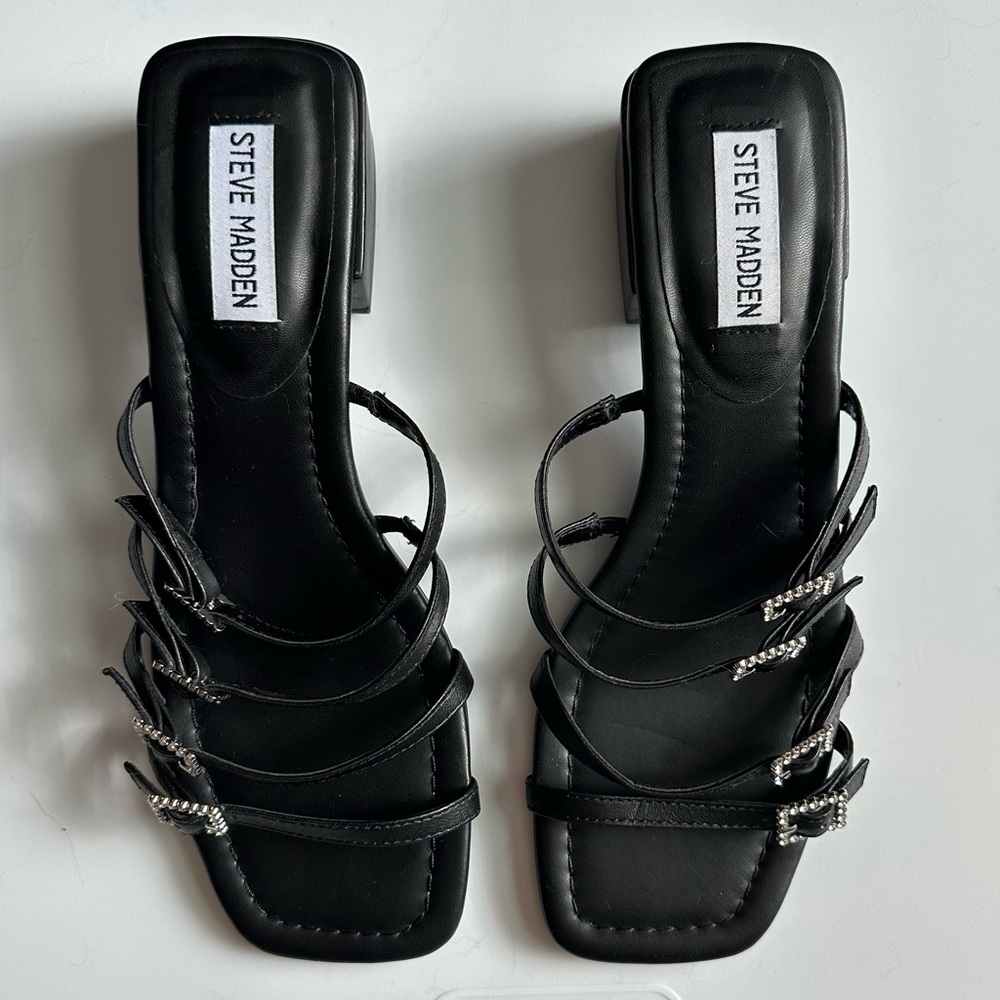 Steve Madden Black Strappy Rhinestone Buckle Sandals